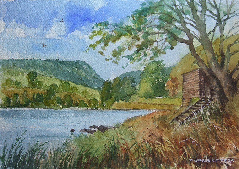 A painting of a lake and trees
