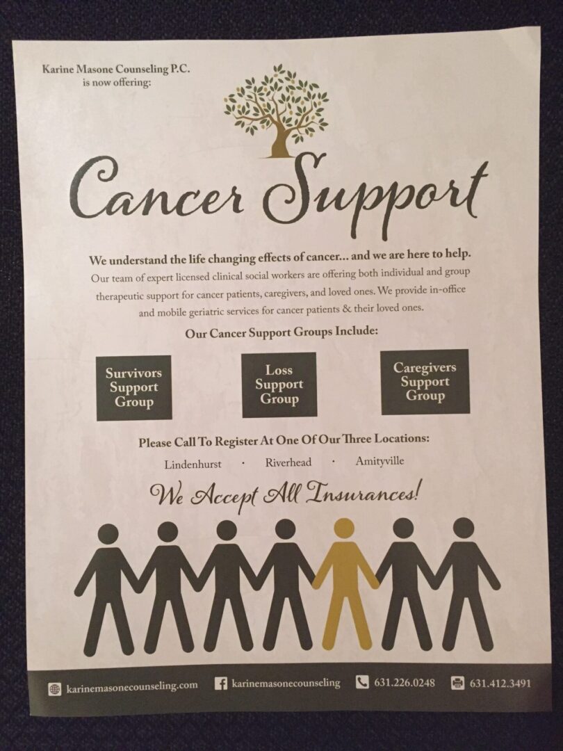 A poster with the words cancer support and an image of people holding hands.